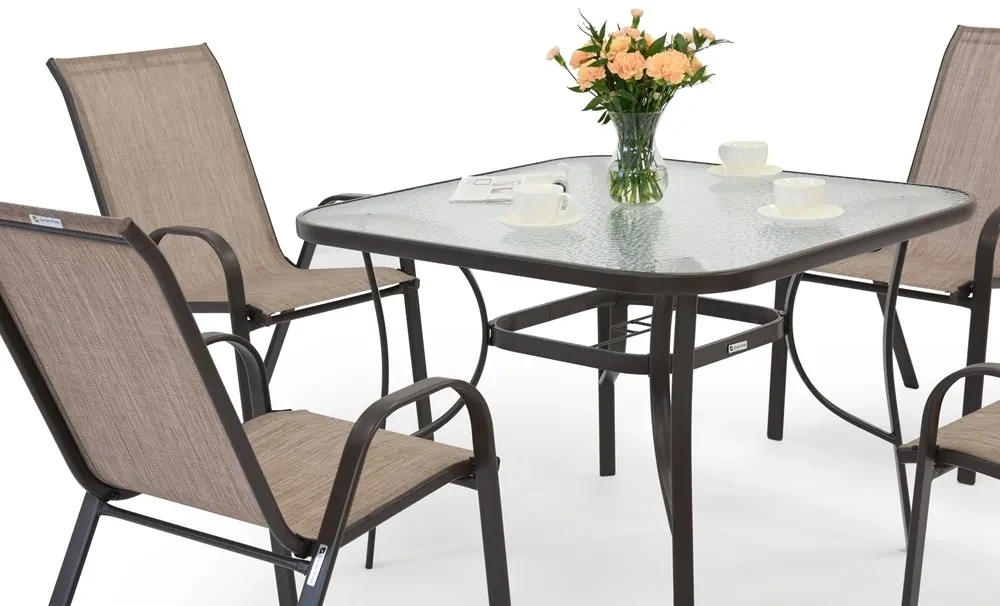 Modena metalen tuinmeubel voor 4 personen met Garden Point vierkante tafel bruin
