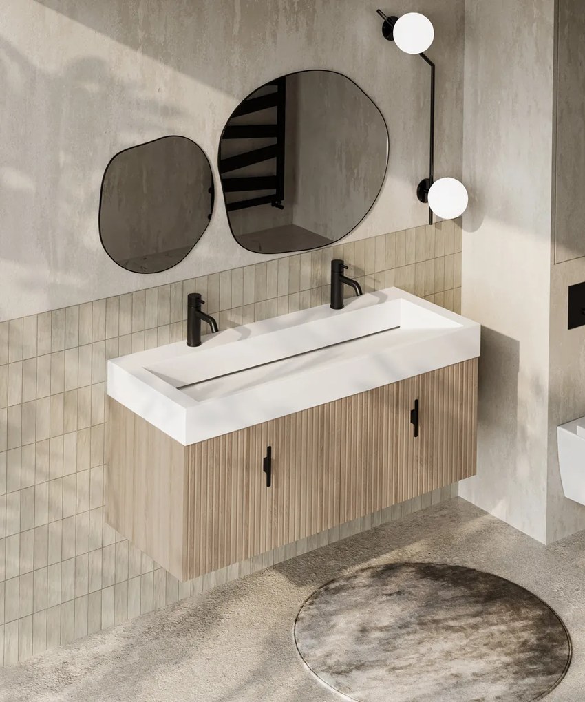 Muebles Calas badmeubel ribbelfront 120cm naturel eiken met solid surface wastafel met kraangaten
