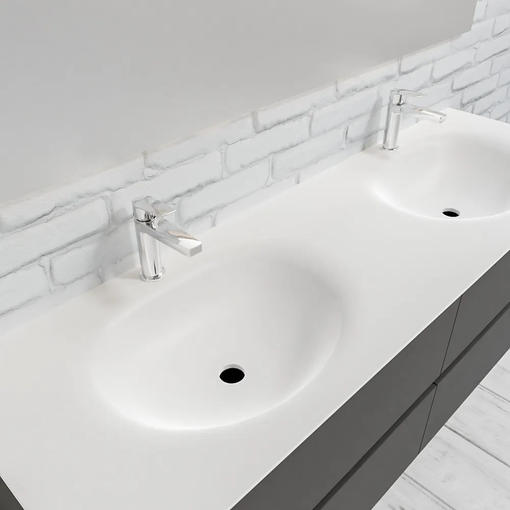 Zaro Sevilla Solid Surface badmeubel 150cm mat antraciet 2 kraangaten dubbele spoelbak 4 lades