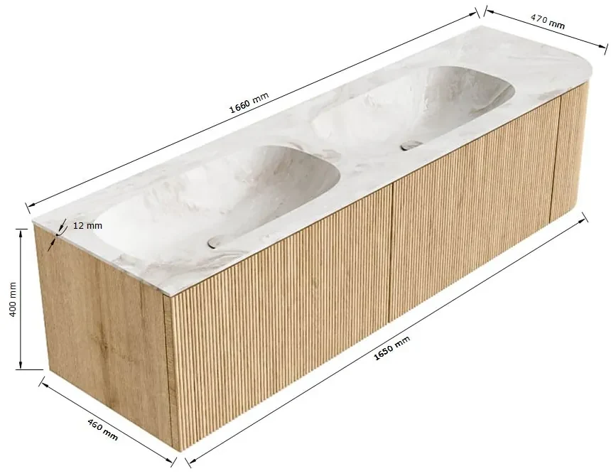Mondiaz Kurve-dlux 165cm badmeubel ronding rechts oak met 2 lades en 1 deur en wastafel stor small dubbel/links 2 kraangaten opalo