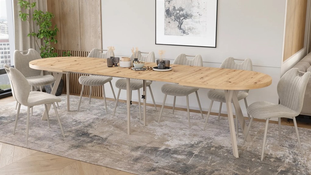 Mazzoni EXPANSO Artisan Eiken / kasjmier poten - OVALE UITSCHUIFTAFEL 160-360 cm VOOR 16-18 PERSONEN