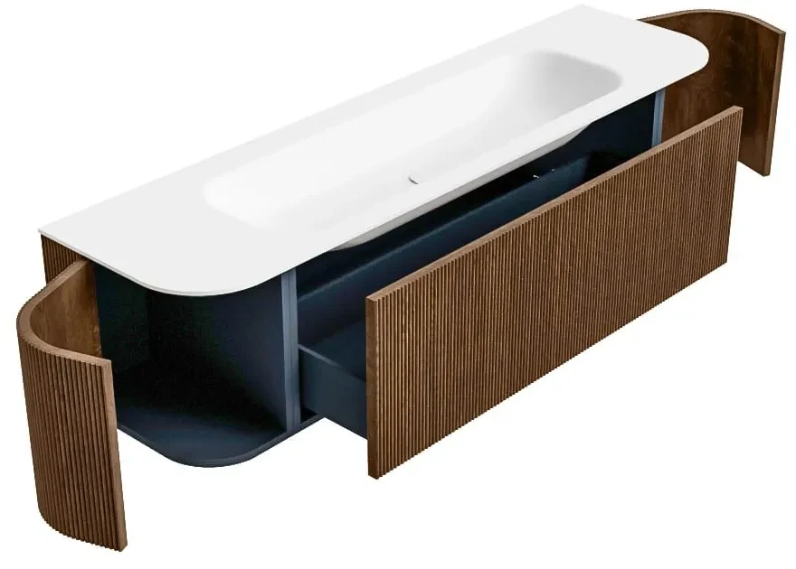 Mondiaz Kurve 170cm badmeubel ronding links/rechts walnut met 1 lade en 2 deuren en wastafel big large midden 1 kraangat