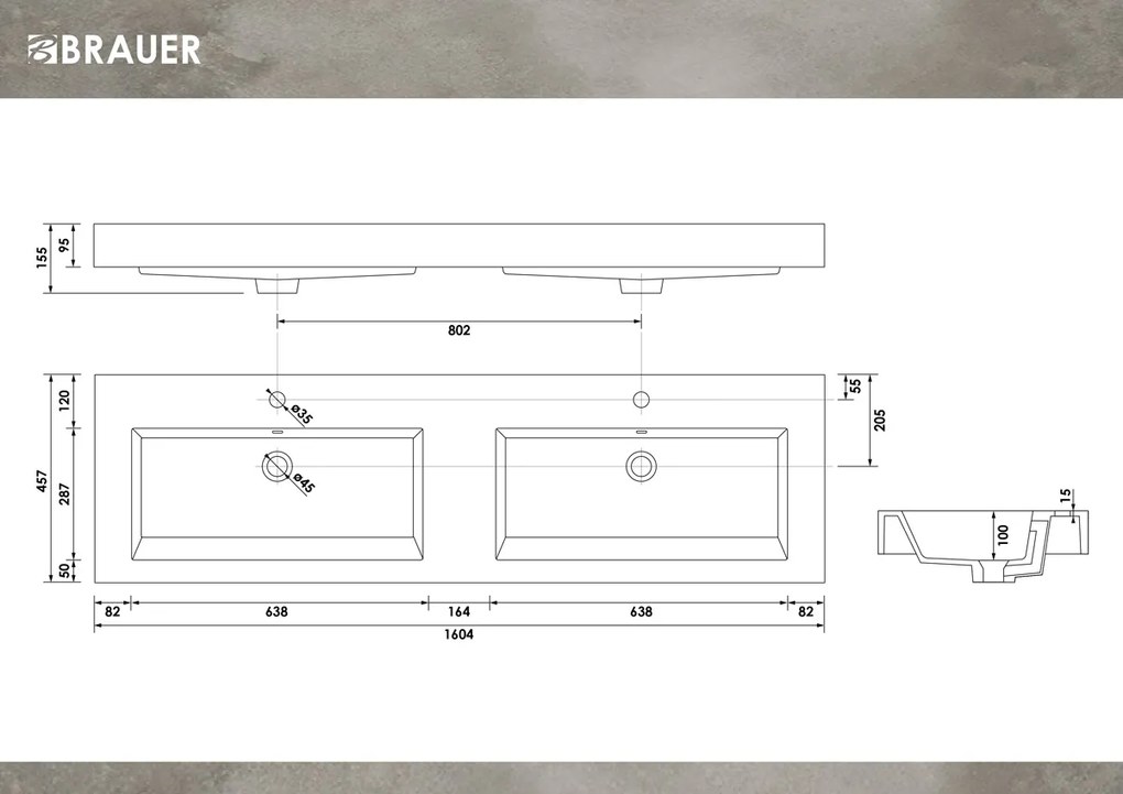 Brauer Solar Thick dubbele wastafel mineraalmarmer 160cm met 2 kraangaten wit glans