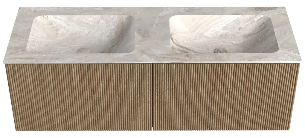 Mondiaz Kurve-dlux 130cm badmeubel dusk met 2 lades en wastafel leaf dubbel zonder kraangat frappe