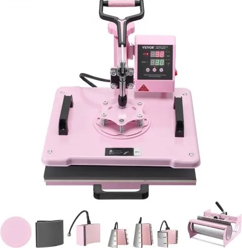 VEVOR hittepers 30x38cm 8-in-1 textielpers met mokkenpers 177-887ml, voor T-shirts, kussens, petten, mokken, borden, dubbele buisverwarmingstechnologie, tijd- en temperatuurinstelling, 360° draaibare arm, roze