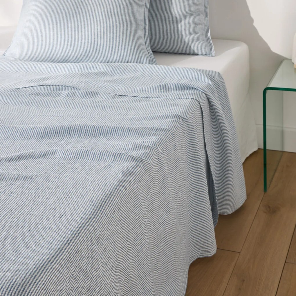 Plat laken in gewassen Lina, Limona blauw