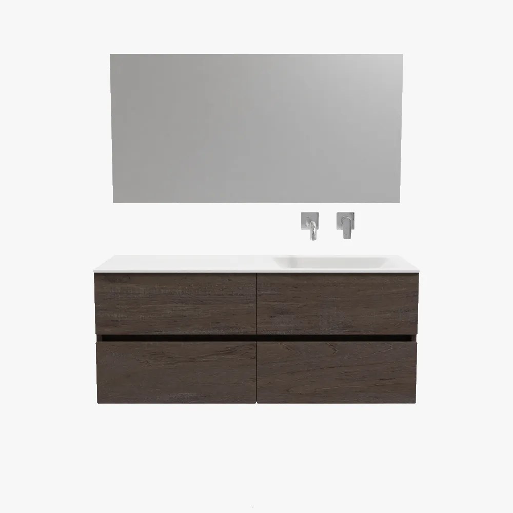 Zaro Valencia Solid Surface badmeubel 120cm donker eiken zonder kraangat spoelbak rechts met 4 lades