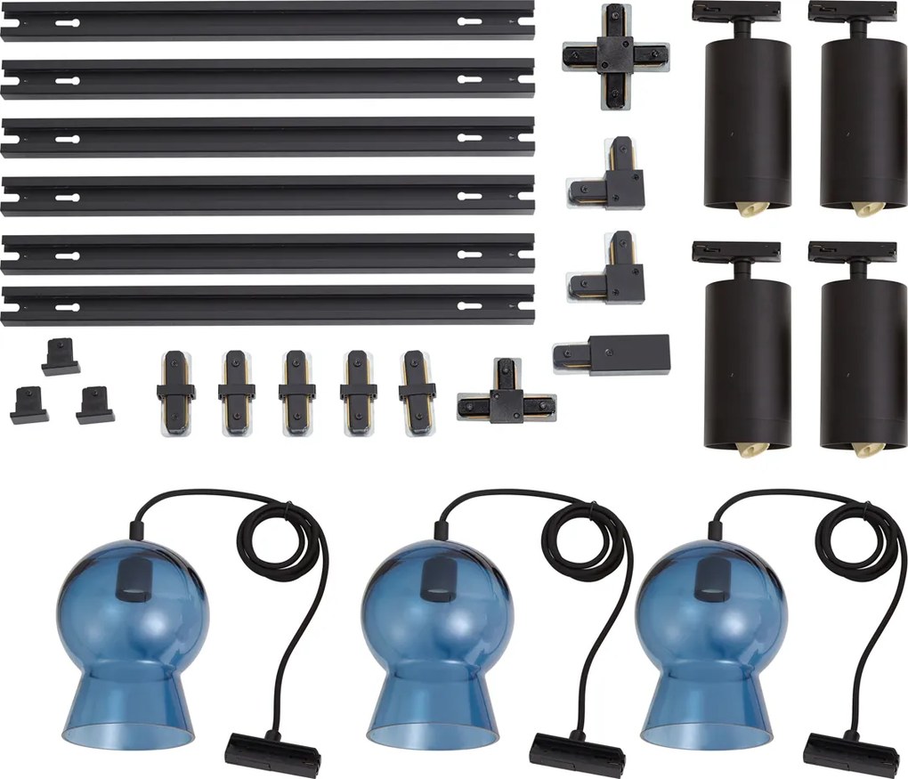 Modern railsysteem zwart met 4 spots en 3 hanglampen blauw 1-fase - Iconic Bell Jeana Luxe