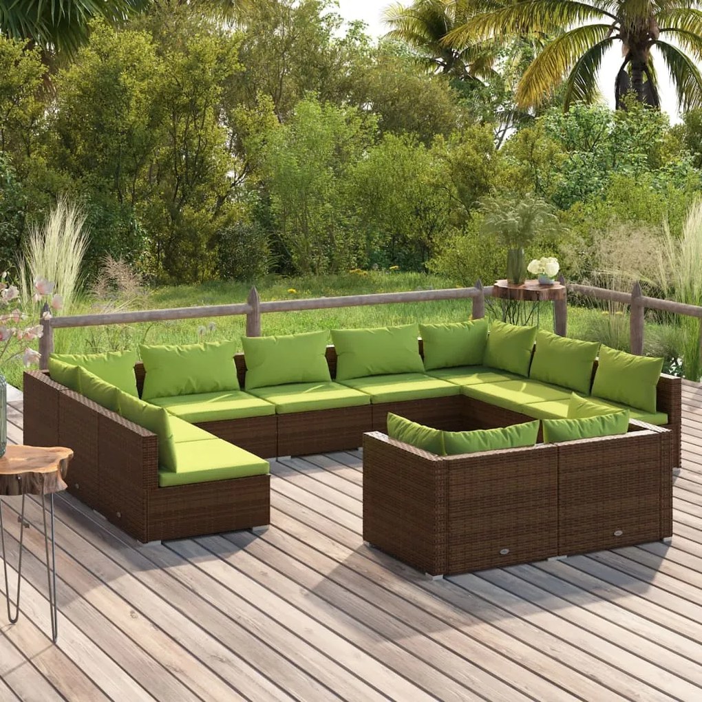 vidaXL 11-delige Loungeset met kussens poly rattan bruin