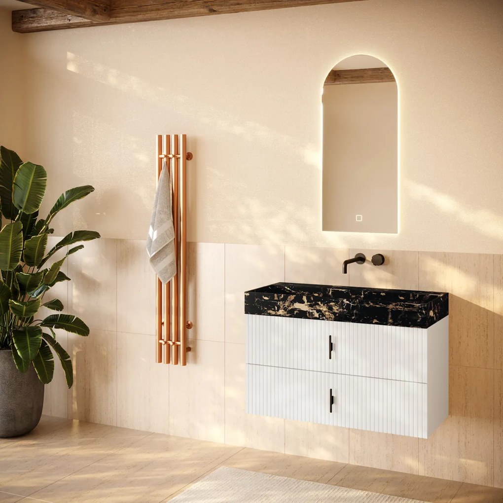Muebles Murcia badmeubel ribbelfront 100cm wit mat met Portoro Gold wastafel zonder kraangat