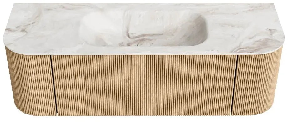Mondiaz Kurve-dlux 140cm badmeubel ronding links/rechts oak met 1 lade en 2 deuren en wastafel big small midden 1 kraangat frappe