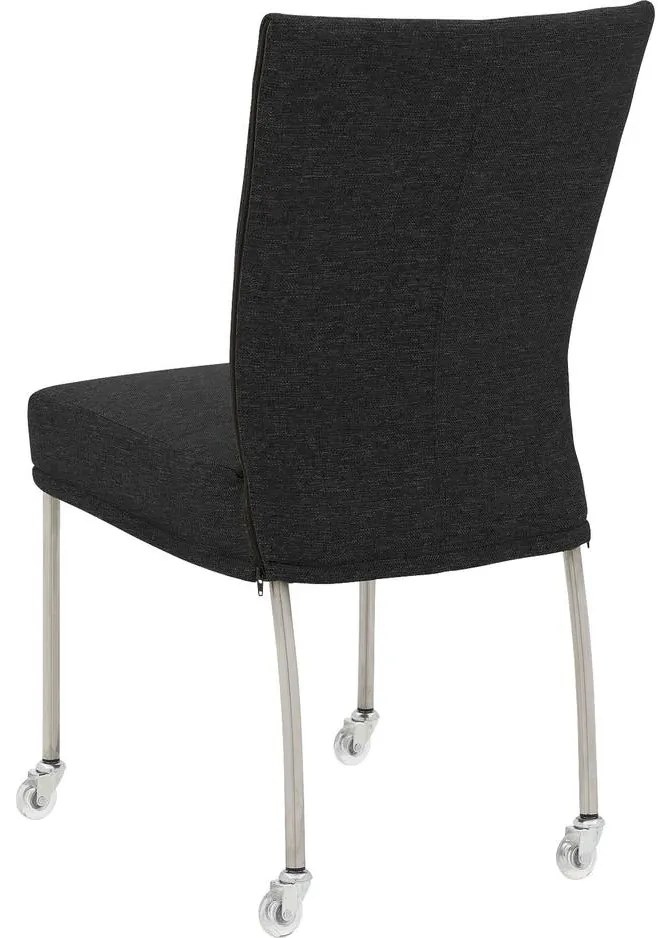 Goossens Eetkamerstoel Funk RVS Poten antraciet stof leuning en Transparant skater wiel met rvs kapmet wielen, modern design