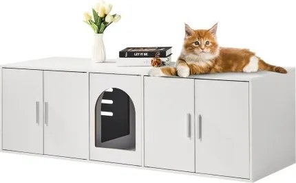 VEVOR kattenbakbehuizing voor 2 katten, verborgen kattenbakmeubel met dubbele compartimenten, houten kattenbakkast, past op de meeste kattenbakken, 146 cm L x 46 cm B x 45 cm H, wit