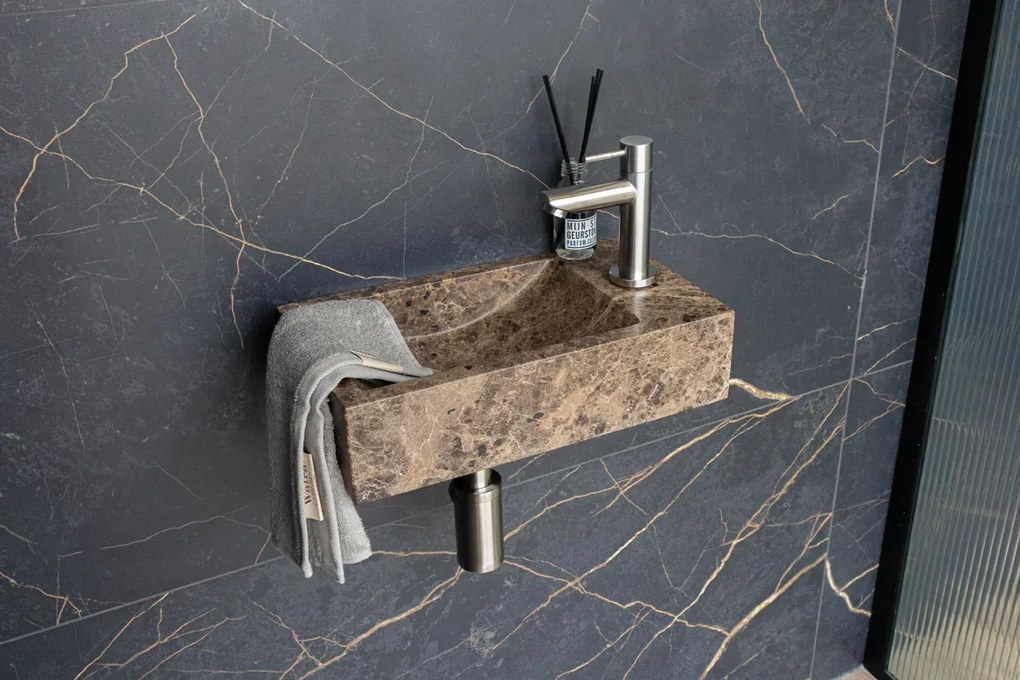 Saniclear Dark Emperador fonteinset met rechte kraan in RVS