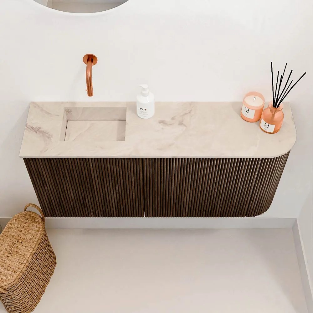 Mondiaz Joya DLux 90cm toiletmeubel ronding rechts walnut met wastafel faye links zonder kraangat frappe
