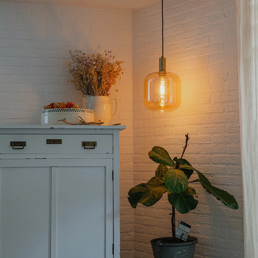 Smart hanglamp zwart met messing en amber glas incl. Wifi G95 - Zuzanna