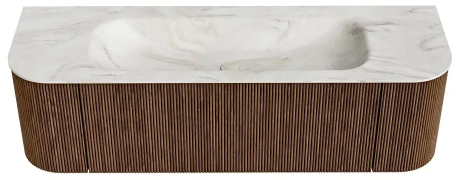 Mondiaz Kurve-dlux 150cm badmeubel ronding links/rechts walnut met 1 lade en 2 deuren en wastafel big medium midden zonder kraangat ostra