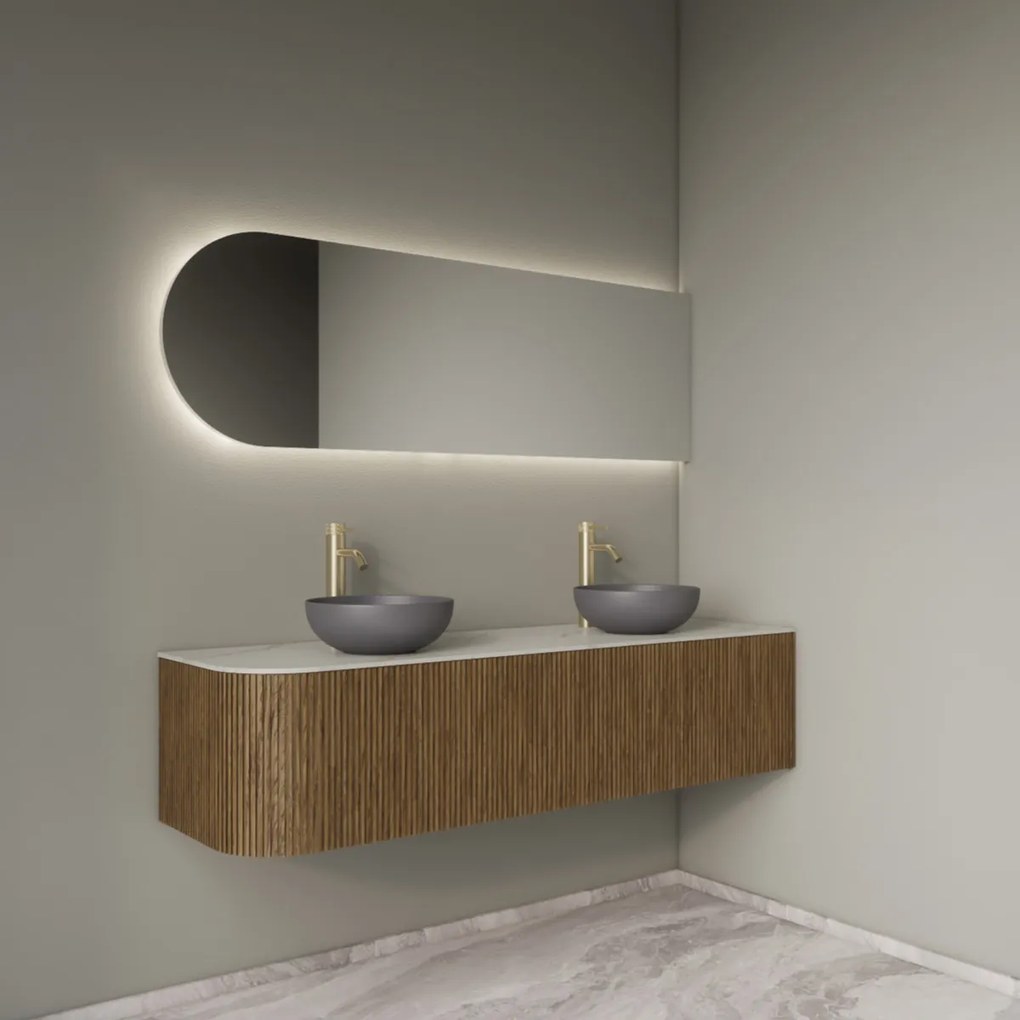 Gliss Design Alluro badmeubel ribbelfront met ronding links 160cm castle brown en wit marmer toppaneel