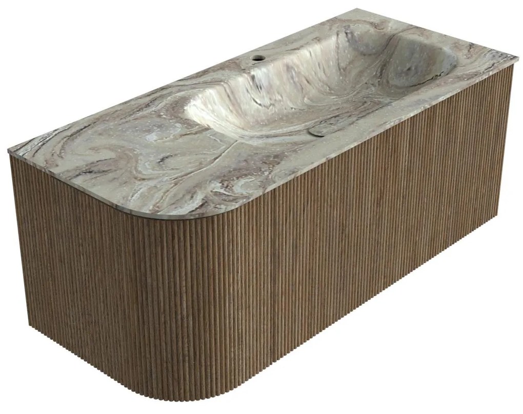 Mondiaz Kurve-dlux 105cm badmeubel ronding links dusk met 1 lade en deur en wastafel big small kraangat rechts glace
