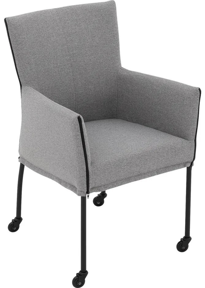 Goossens Eetkamerstoel Funk Zwarte Poten grijs stof met armleuning en Zwart skater wiel met zwarte kapmet wielen, modern design