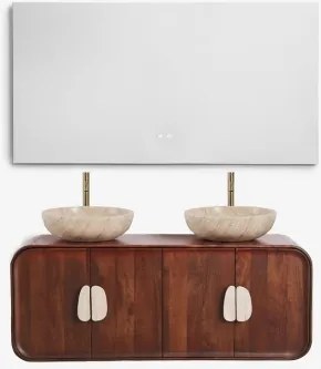 Dubbel Zwevend Badkamermeubelset 130x45 Cm Van Mangohout En Natuurlijke Kivalina-steen Travertijn - Donker Mangohout & 2 X Ronde Travertijn Ø40 -