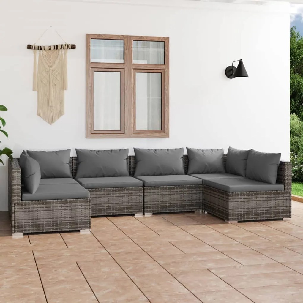 vidaXL 6-delige Loungeset met kussens poly rattan grijs