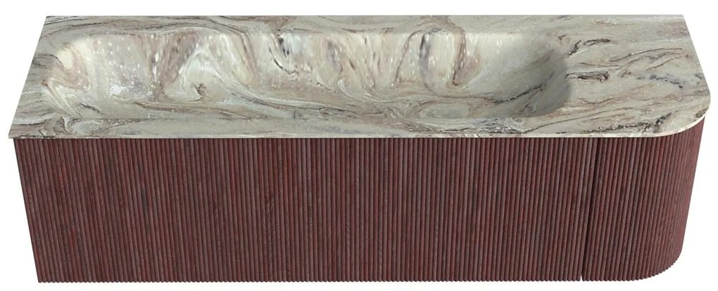 Mondiaz Kurve-dlux 145cm badmeubel ronding rechts ruby met 1 lade en deur en wastafel big large links zonder kraangat glace
