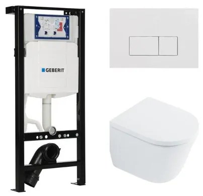 QeramiQ Dely Toiletset - 36.3x51.7cm - diepspoel - rimless - Inbouwreservoir met Geberit UP320 spoelmechanisme - softclose toilet zitting 35 mm - glans witte bedieningsplaat - rechthoekige knoppen - wit glans SW1026255 / SW1159505/SW1381697/SW706187