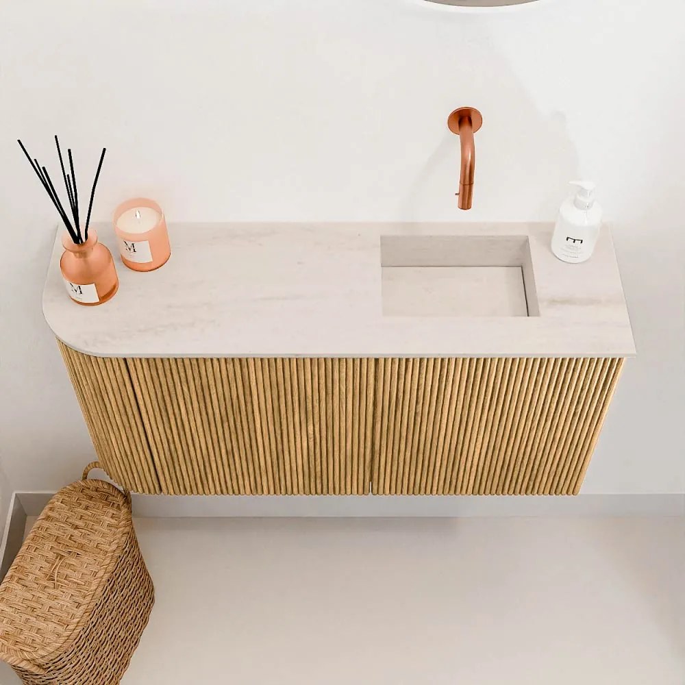 Mondiaz Joya DLux 80cm toiletmeubel ronding links oak met wastafel faye rechts zonder kraangat meli