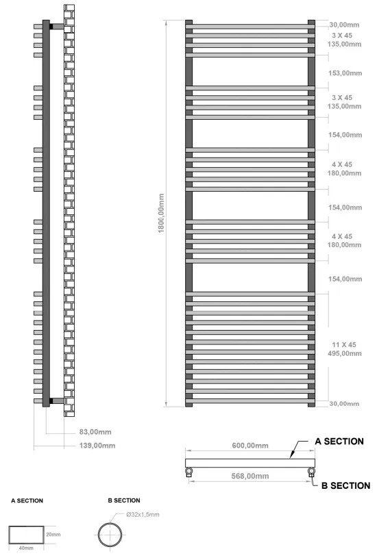 Eastbrook Rowsham handdoekradiator 60x180cm 1437W wit mat