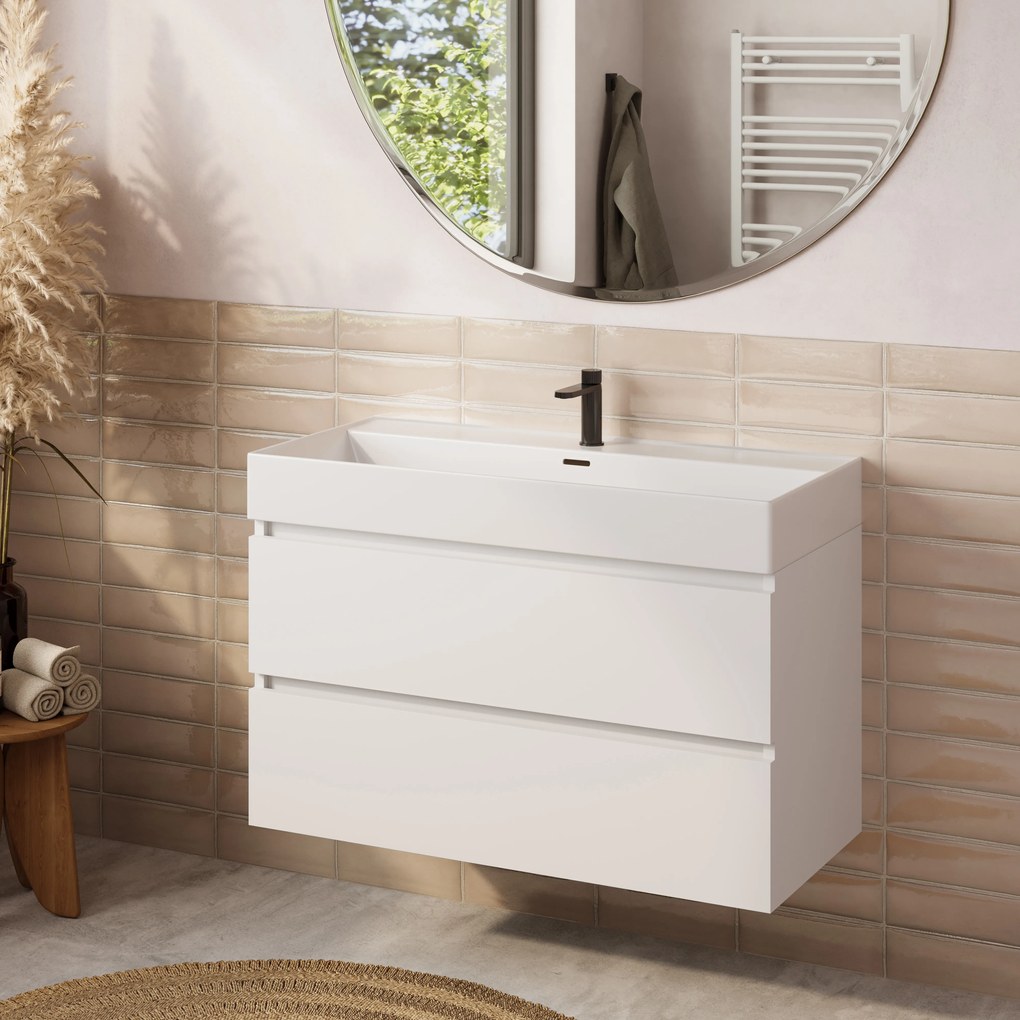 Plieger Kansas badmeubel 100cm met glans witte wastafel en kraangat wit mat