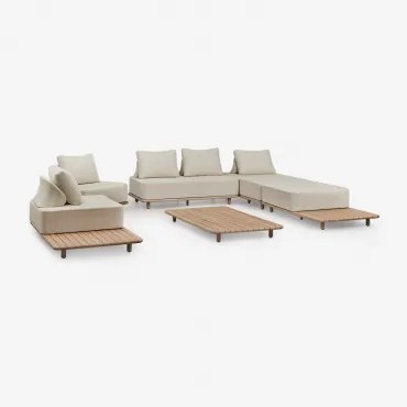 Tuinset Met 3-delige Modulaire Chaise Longuebank, Bijzettafel, 2 Fauteuils En Salontafel 160x95 Cm In Portet Acacia Gardenia Wit - Sklum