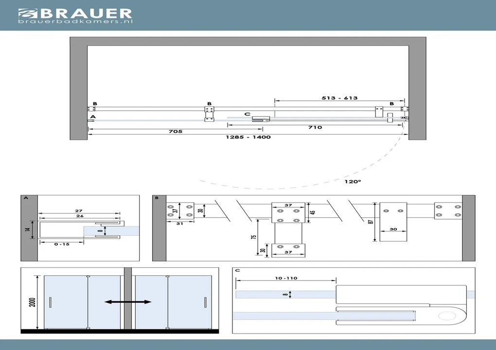 Brauer Stellar nisdeur met vaste wand 140cm zwart mat
