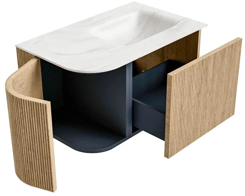 Mondiaz Kurve-dlux 75cm badmeubel ronding links oak met 1 lade en deur en wastafel grunne kraangat rechts ostra