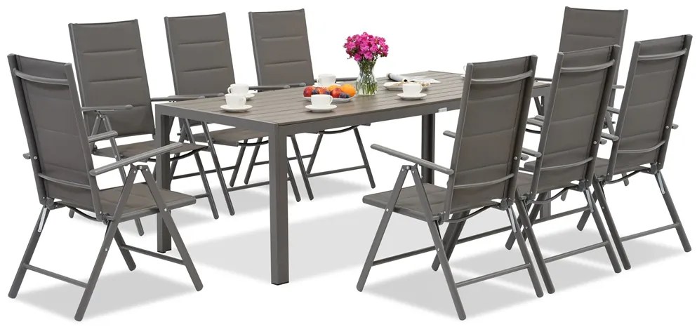 Garden Point grijze aluminium tuinmeubelen met grote Polywood Verona tafel voor 8 personen