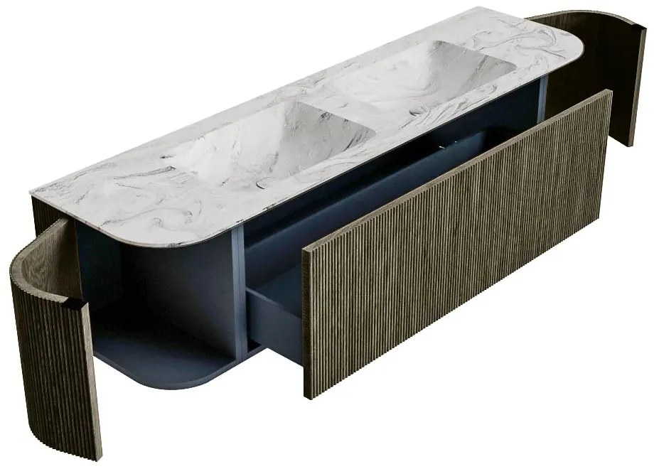 Mondiaz Kurve-dlux 170cm badmeubel ronding links/rechts shadow met 1 lade en 2 deuren en wastafel leaf dubbel 2 kraangaten glace