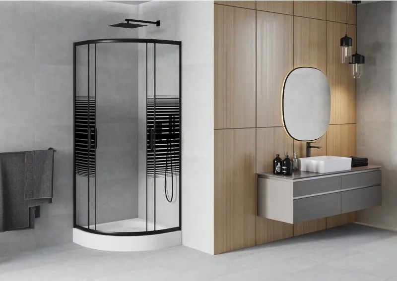 Mexen Rio halve ronde douchecabine 70 x 70 cm, zwarte strepen, zwart + douchebak, wit - 863-070-070-70-20-4710