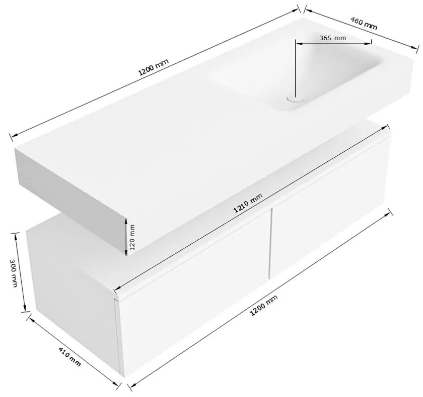 Zaro Alan badmeubel 120cm sand met 2 lades en vrijhangende wastafel rechts met kraangat wit mat