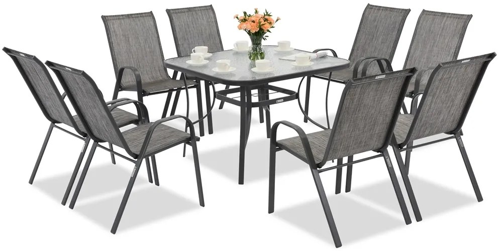 Metalen tuinmeubelen Modena grijs voor 8 personen met vierkante tafel Garden Point