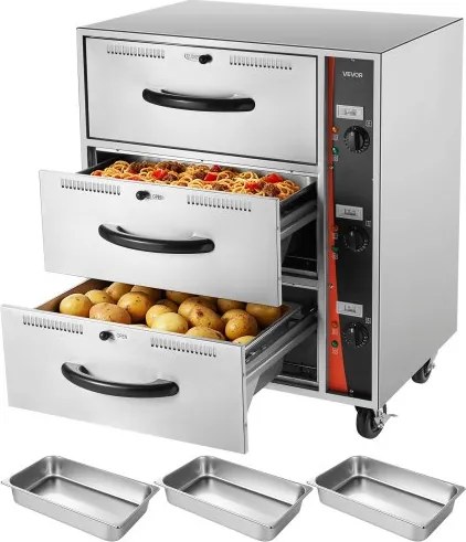 VEVOR commerciële elektrische ladewarmer, roestvrijstalen voedselwarmer met 3 lades, breed temperatuurbereik van 30–85 °C, voor restaurants, hotelbuffetten en bakkerijen