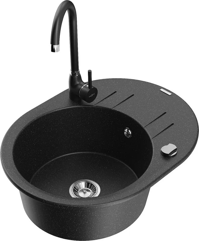 Mexen Kevin granieten gootsteen 1-kamer met druiprek en keukenkraan Telma, zwart/zilveren metallic - 6517-73-670200-70
