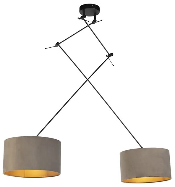 Hanglamp zwart met velours kappen taupe met goud 35 cm 2-lichts - Blitz