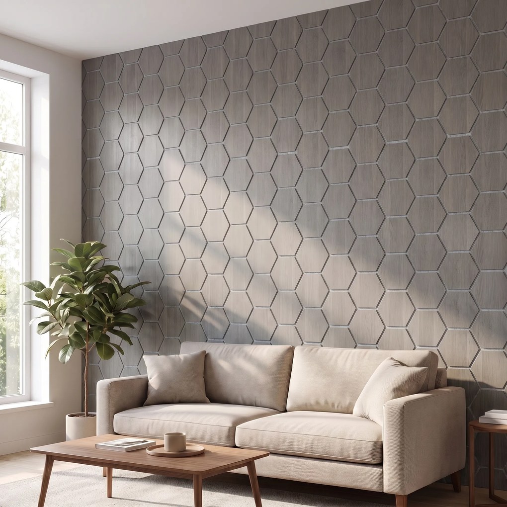 Hexagon Panel Grijs Walnoot met Grijs Vilt 81CM | Akoestisch | Wanddecor | Zeshoekig- Grijs vilt
