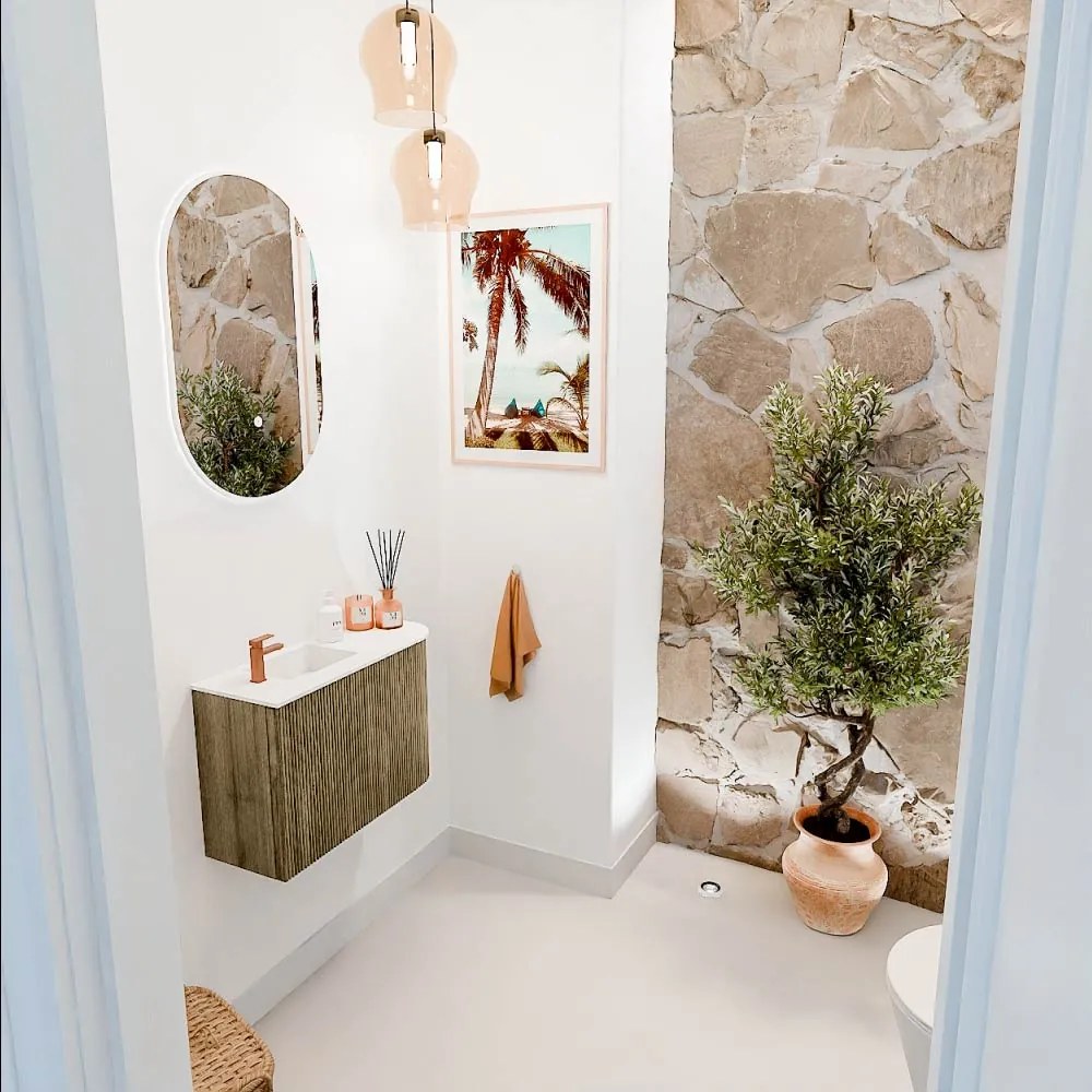 Mondiaz Joya 60cm toiletmeubel ronding rechts dusk met wastafel faye links 1 kraangat talc