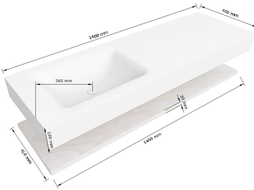 Zaro Alan badmeubel 140cm met planchet washed oak en vrijhangende wastafel cloud links 1 kraangat urban