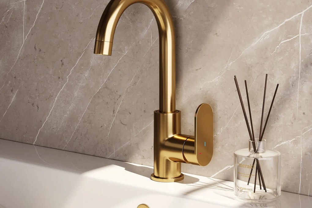 Brauer Gold Edition ColdStart wastafelkraan met draaibare ronde uitloop model C geborsteld messing PVD