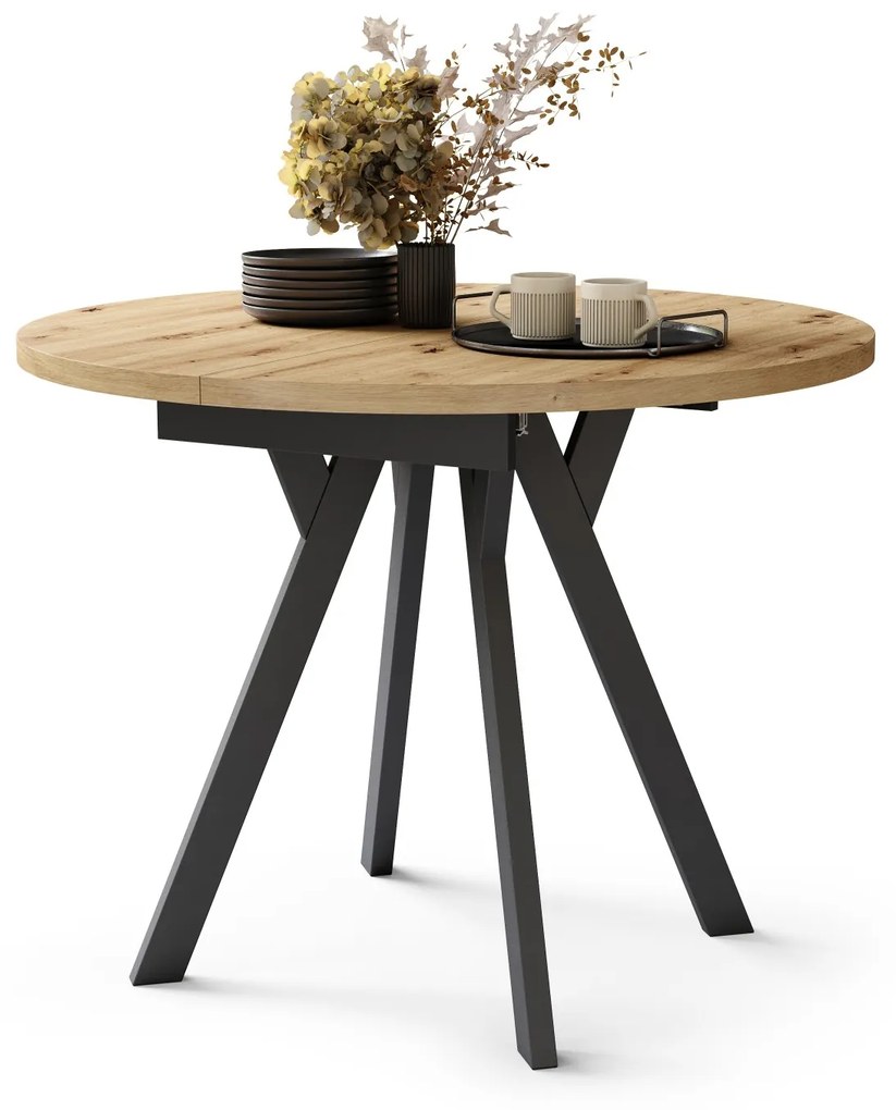 ALMO Eiken Artisan/Zwarte poten - RONDE LOFT/INDUSTRIËLE TAFEL VOOR WOONKAMER/EETKAMER, UITSCHUIFBAAR