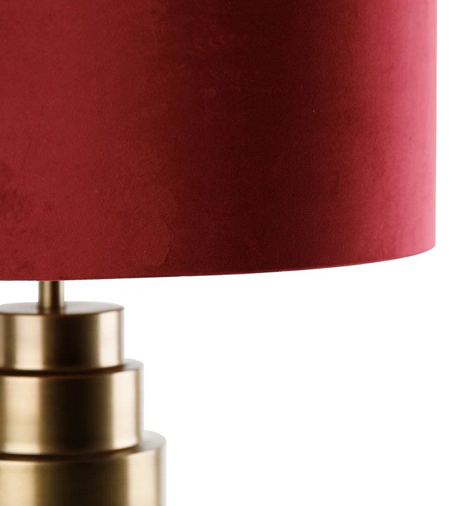 Tafellamp brons velours kap rood met goud 50 cm - Bruut Art Deco E27 rond Binnenverlichting Lamp