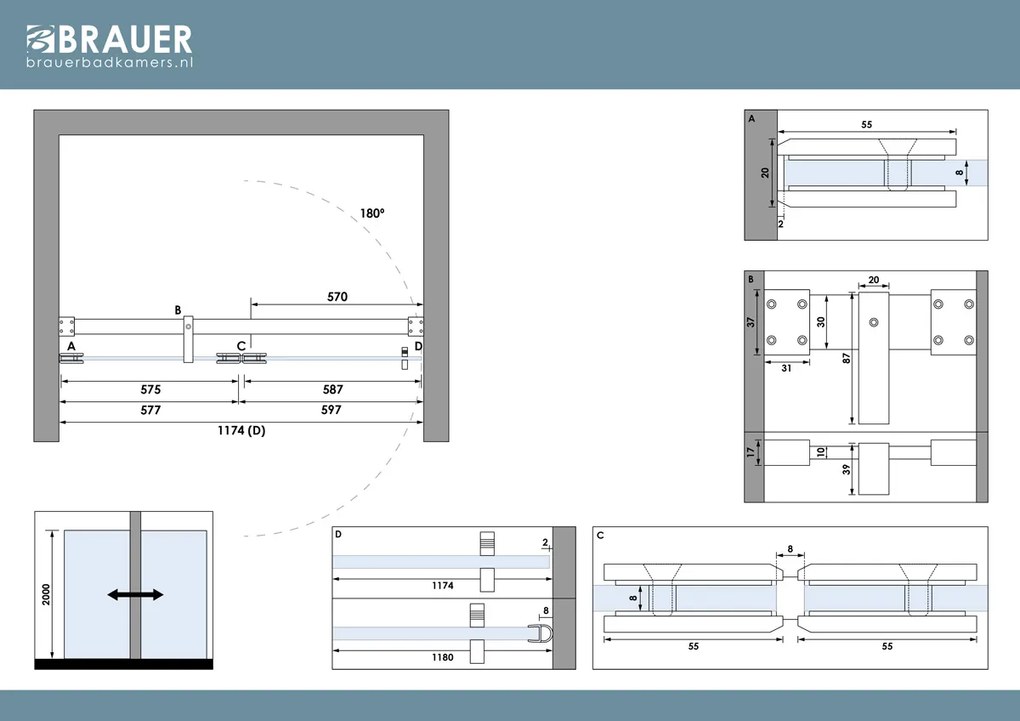 Brauer Void profielloze nisdeur 120cm met draaideur 60cm aan glas zwart mat
