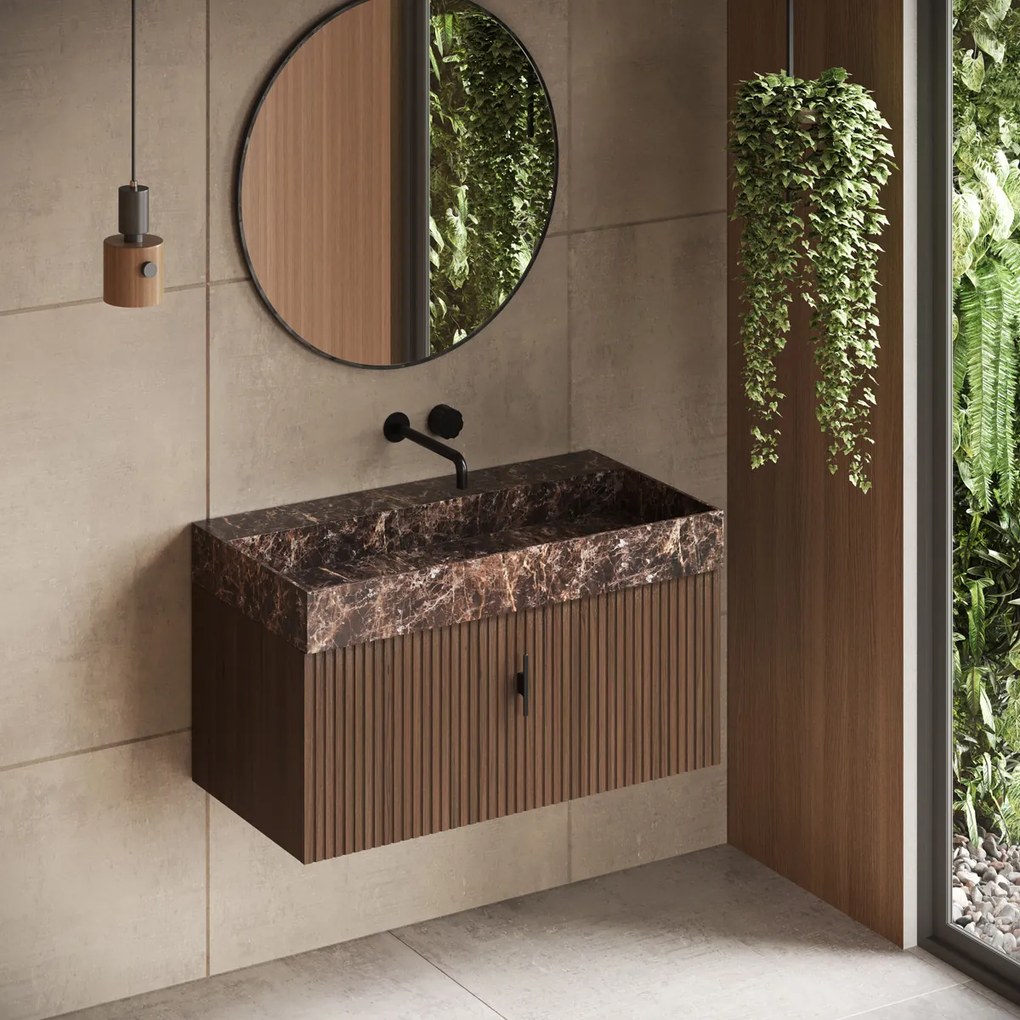 Muebles Zahora badmeubel ribbelfront 100cm walnoot met Dark Emperador wastafel zonder kraangat
